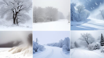 Create an image showcasing various aspects of blizzards, such as intense snowfall, powerful winds, snow-covered landscapes, and hazardous conditions. Include a side-by-side comparison of blizzard fact