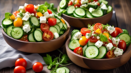 Create an image illustrating a vibrant and diverse array of cucumber and tomato salads, each uniquely arranged and styled. Vary the colors, shapes, and sizes of the cucumbers and tomatoes, incorporati