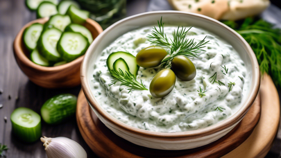 Create a vibrant and appetizing scene featuring a bowl of authentic Greek cucumber tzatziki, showcasing its creamy texture with visible cucumber pieces and a hint of garlic. Include classic Greek elem