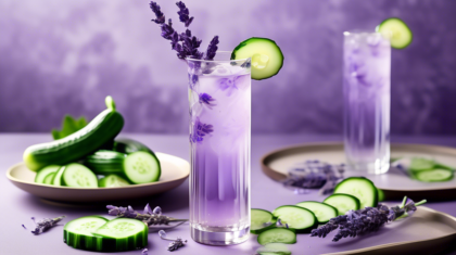 Create a visually appealing image of a refreshing cucumber lavender mocktail served in a tall, elegant glass. Highlight the vibrant green hues of the cucumber slices, the delicate purple of the lavend