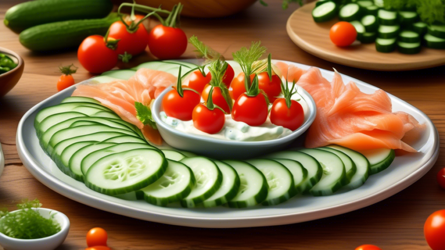 Create a visually appealing image of a platter with a variety of cool cucumber appetizers, featuring cucumber slices topped with different ingredients such as cream cheese, smoked salmon, cherry tomat