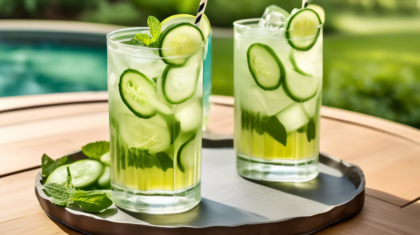 Create a refreshing, summer-themed image featuring a chilled glass of Cucumber Green Tea Cooler. The drink should be in a tall, transparent glass filled with ice, garnished with fresh cucumber slices,