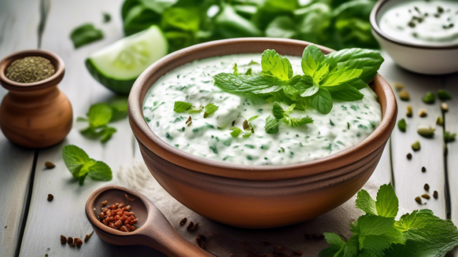 A refreshing bowl of cucumber and mint raita, with finely chopped cucumbers, fresh mint leaves, and a creamy yogurt base, garnished with a sprinkle of ground cumin and served in a rustic ceramic bowl.