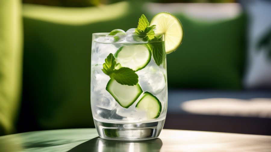 Create an image of a sophisticated glass of gin and tonic with thin cucumber slices elegantly floating in the drink. The glass is garnished with a sprig of fresh mint, and the scene is set on a sunlit