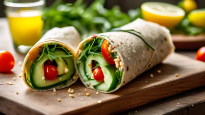 A vibrant, fresh cucumber and hummus wrap placed on a rustic wooden table, garnished with colorful cherry tomatoes, arugula, and a sprinkle of sesame seeds. Sunlight filters through a nearby window, c