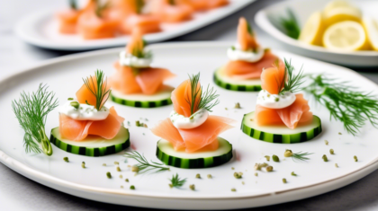 Create an image of a beautifully arranged plate featuring delectable cucumber and smoked salmon bites. Each bite consists of a cucumber slice topped with a delicate swirl of smoked salmon, garnished w