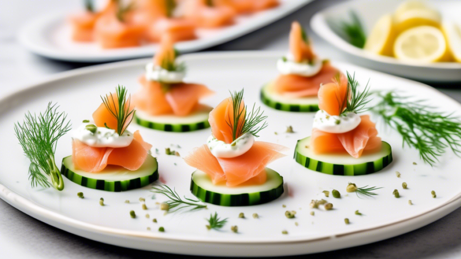 Create an image of a beautifully arranged plate featuring delectable cucumber and smoked salmon bites. Each bite consists of a cucumber slice topped with a delicate swirl of smoked salmon, garnished w