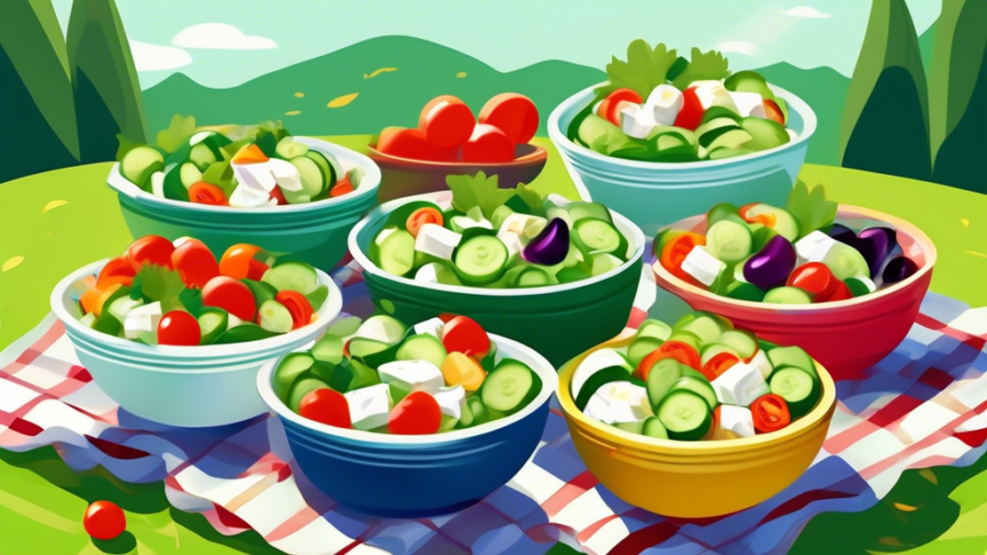 A vibrant summer picnic scene showcasing a variety of colorful cucumber salads in stylish bowls. The salads feature an array of fresh ingredients like cherry tomatoes, red onions, feta cheese, olives,