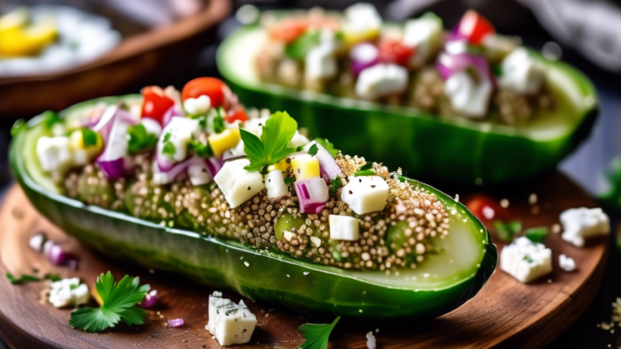 A close-up photograph of beautifully presented quinoa and feta stuffed cucumbers on a rustic wooden platter. The cucumbers are sliced in half and hollowed out to create little boats filled with a colo