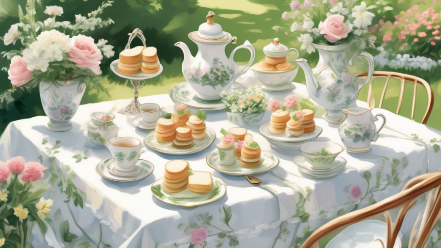 Create an image of a quaint tea party setting in a beautiful garden, featuring a tiered tray of elegant cucumber sandwiches made with white bread and a hint of dill. The table is adorned with fine chi