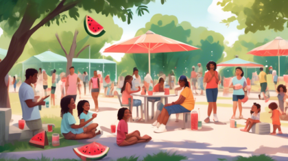 Prompt for DALL-E: A lively summer scene at a bustling park where people use various methods to stay cool in humid weather. Families gather under the shade of large trees, children play in a splash pad, friends sit with portable fans and handheld misters, while others eat refreshing watermelon and drink icy lemonade. Some people wear light, breathable clothing, and cooling towels. Background includes a clear blue sky with the sun shining brightly.