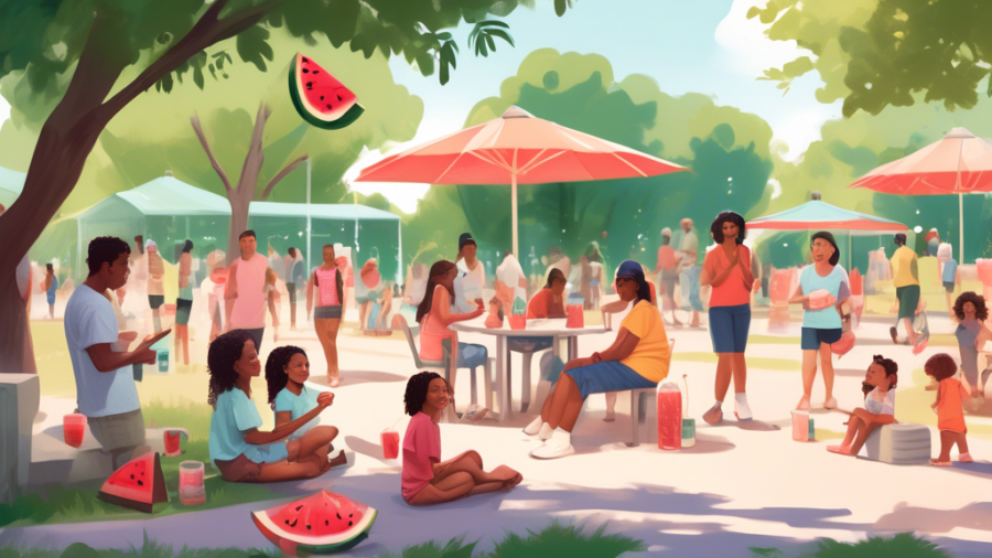 Prompt for DALL-E: A lively summer scene at a bustling park where people use various methods to stay cool in humid weather. Families gather under the shade of large trees, children play in a splash pad, friends sit with portable fans and handheld misters, while others eat refreshing watermelon and drink icy lemonade. Some people wear light, breathable clothing, and cooling towels. Background includes a clear blue sky with the sun shining brightly.