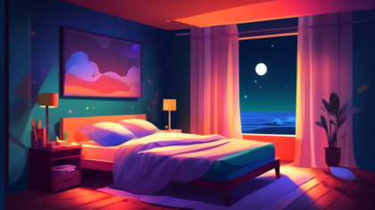 Create an image of a bedroom at nighttime with an open window allowing a cool breeze to flow in, breathable cotton sheets on the bed, an ice pack wrapped in a cloth, and a glass of chilled water on the bedside table. The image should convey a sense of peaceful and cool sleep during a hot night.
