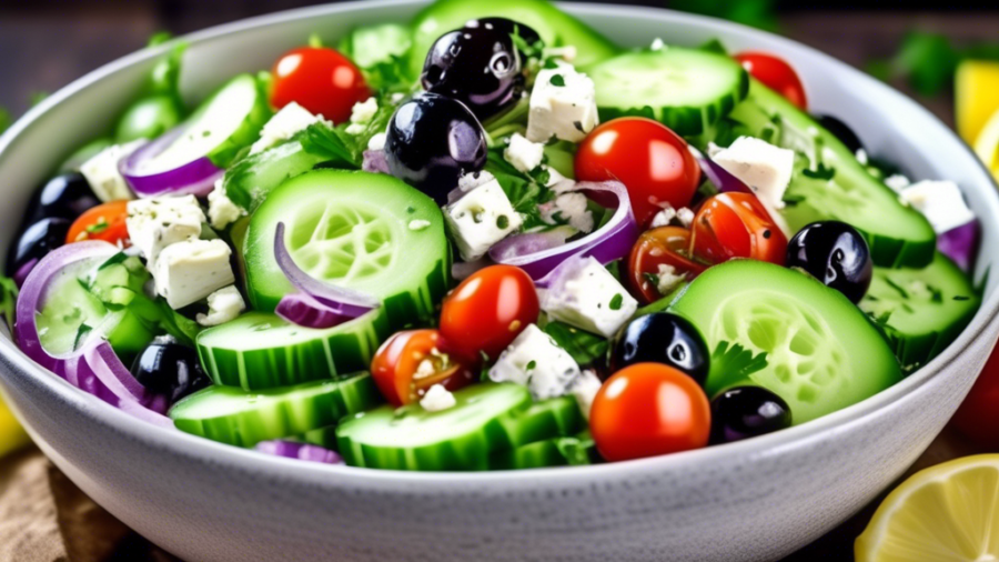 Create an image of a delicious and vibrant Mediterranean cucumber salad in a rustic bowl. The salad should include fresh cucumber slices, cherry tomatoes, red onions, black olives, crumbled feta chees