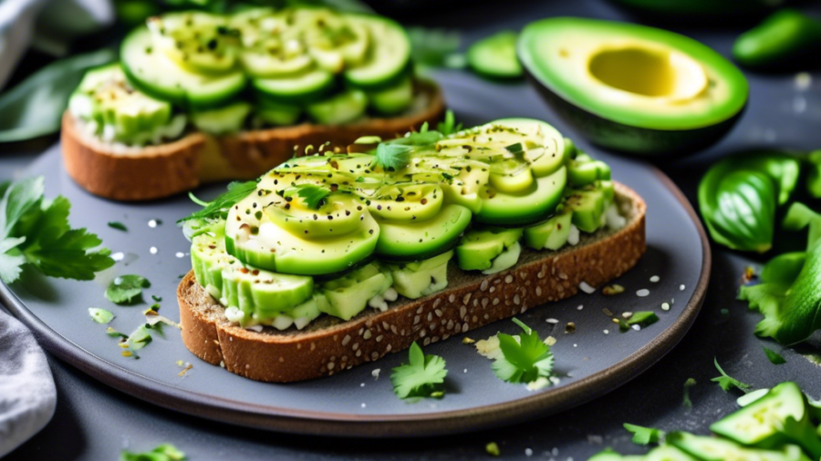 A vibrant and colorful image of a beautifully plated healthy cucumber and avocado toast. The toast is topped with creamy mashed avocado, thinly sliced cucumbers arranged in a visually appealing patter