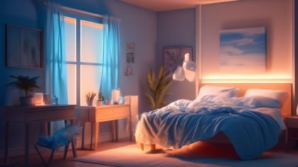 Create an image that shows a bedroom setting during a hot summer night, with a person using various methods to stay cool. Include an open window with a breeze coming in, a fan on a bedside table, thin sheets, and a glass of iced water on the nightstand. Add elements like an ice pack, light pajamas, and perhaps a cool-tinted blue light to convey a refreshing atmosphere despite the heat.