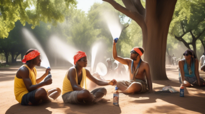 Generate an image that depicts various creative and practical methods for staying cool without electricity during a hot summer day. The scene includes people using hand fans, wearing wet bandanas around their necks, sitting in the shade of large trees, placing cool damp cloths on their foreheads, misting themselves with spray bottles, and staying hydrated with cold drinks. There are also elements like open windows with curtains gently blowing, a cool breeze flowing through, and reflective surfaces positioned to deflect sunlight. The overall atmosphere is calm and resourceful, showing a community finding ways to beat the heat sustainably.