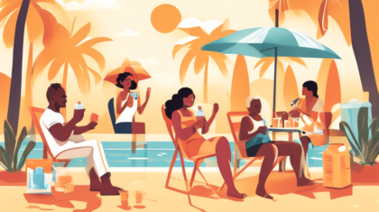 Create an illustration that captures various ways to stay cool in hot weather. Include people wearing lightweight and light-colored clothing, drinking water, using fans, enjoying ice cream, sitting in the shade, and using umbrellas. Additionally, depict someone applying sunscreen and a scene of a cool swimming pool or beach. Convey a sense of relief and comfort in a hot, sunny environment.