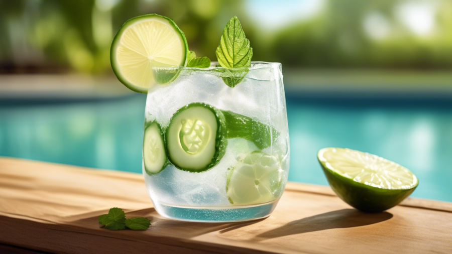 Create an image of a refreshing summer drink featuring a glass filled with ice cubes, cucumber slices, and a splash of coconut water. The drink is garnished with a mint sprig and a slice of lime, and