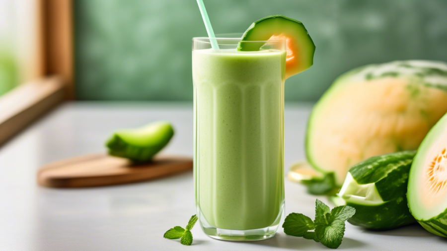 Create a vibrant, refreshing scene of a freshly blended cucumber melon smoothie. Show a glass filled with a light green smoothie garnished with a slice of cucumber and a small melon wedge. Incorporate