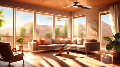 A detailed, hyper-realistic illustration of a cozy living room in a modern house during a scorching summer day. The scene includes large windows with blackout curtains drawn, a ceiling fan spinning at high speed, strategically placed portable fans, and an air conditioning unit working efficiently. Outdoor elements are visible through a small gap in the curtains, showing intense sunlight and a dry landscape. Indoor plants and a few bowls of water are placed around the room to enhance the cooling effect. There are hints of insulation foam around the window frames, and reflective window films are slightly visible. The overall atmosphere is cool and comfortable, sharply contrasting with the blazing heat outside.