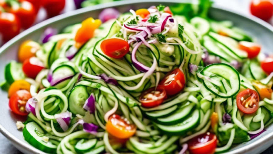 Create an image of a vibrant and fresh cucumber noodle salad. The salad should feature spiralized cucumber noodles mixed with colorful vegetables such as cherry tomatoes, red onions, bell peppers, and