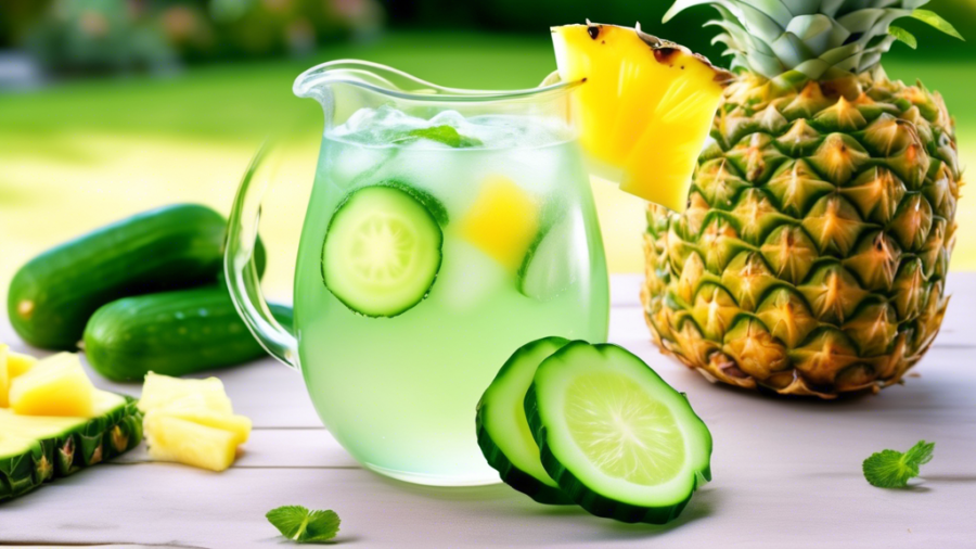 Create an image showcasing a refreshing and vibrant pineapple cucumber detox drink. The scene should include a clear glass pitcher filled with water, pineapple chunks, and cucumber slices, with conden