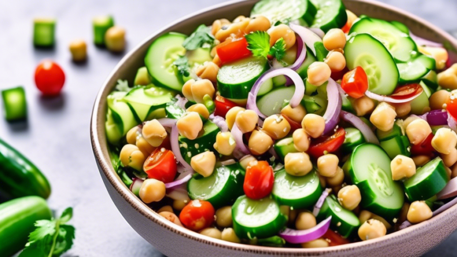 Create a vibrant and appetizing image of a fresh cucumber chickpea salad. The salad should be filled with colorful ingredients like diced cucumbers, chickpeas, cherry tomatoes, red onions, and fresh h