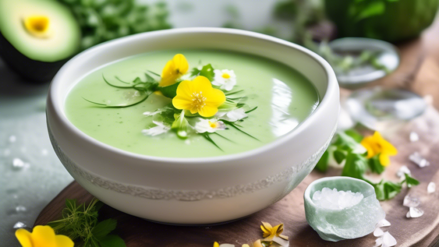 A beautifully styled bowl of chilled cucumber avocado soup, garnished with fresh herbs and delicate edible flowers. The soup is a light green hue, served in an elegant ceramic bowl on a rustic wooden