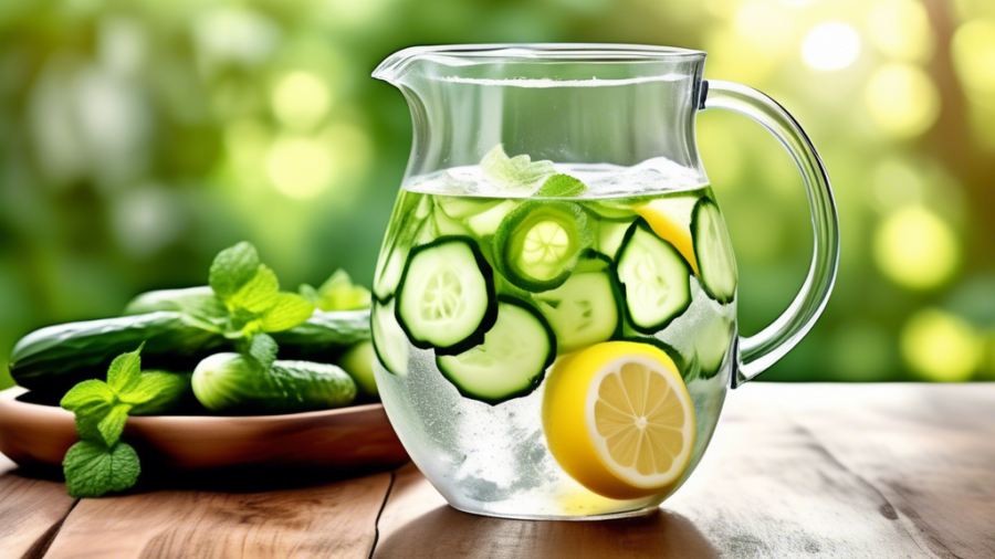 Create an image of a refreshing, transparent pitcher of water infused with slices of cucumber, garnished with sprigs of fresh mint and lemon wedges. The pitcher is placed on a wooden table with fresh