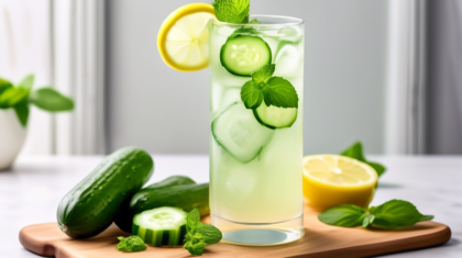 Create a vibrant, refreshing scene of a tall glass of cucumber mint lemonade. The glass is filled with ice cubes, thin cucumber slices, fresh mint leaves, and a lemon wheel garnish on the rim. Next to