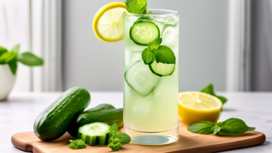 Create a vibrant, refreshing scene of a tall glass of cucumber mint lemonade. The glass is filled with ice cubes, thin cucumber slices, fresh mint leaves, and a lemon wheel garnish on the rim. Next to