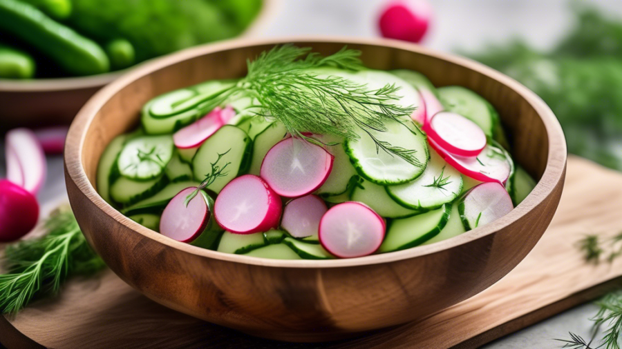 Create a vibrant image of a fresh cucumber and radish salad, garnished with finely chopped fresh dill. The salad should be in a rustic wooden bowl, placed on a light wooden table, with a light summer