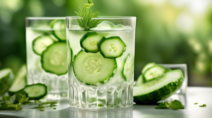 A detailed close-up shot of a refreshing cucumber shot served in elegant glassware. The composition includes fresh cucumber slices, a sprinkle of herbs, and an elegantly arranged garnish. The backgrou