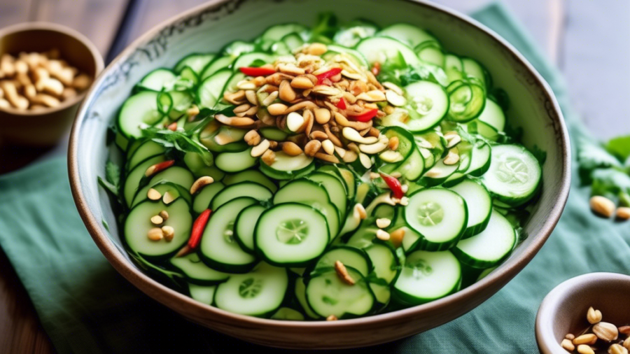 Create an image of a vibrant Vietnamese cucumber salad. Showcase thinly sliced cucumbers mixed with fresh herbs like mint and cilantro, garnished with sliced chili peppers and crushed peanuts. Include