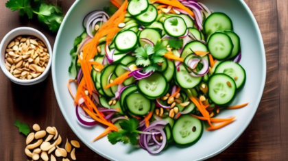 Create an image of a vibrant, appetizing Thai cucumber salad. The salad should be in a beautiful, modern bowl, showcasing thinly sliced cucumbers, julienned carrots, red onion, and fresh cilantro. Add