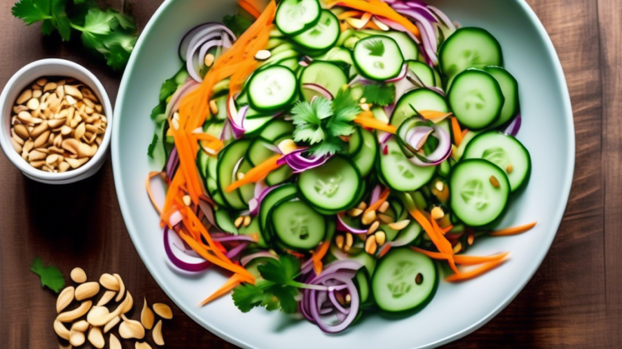 Create an image of a vibrant, appetizing Thai cucumber salad. The salad should be in a beautiful, modern bowl, showcasing thinly sliced cucumbers, julienned carrots, red onion, and fresh cilantro. Add