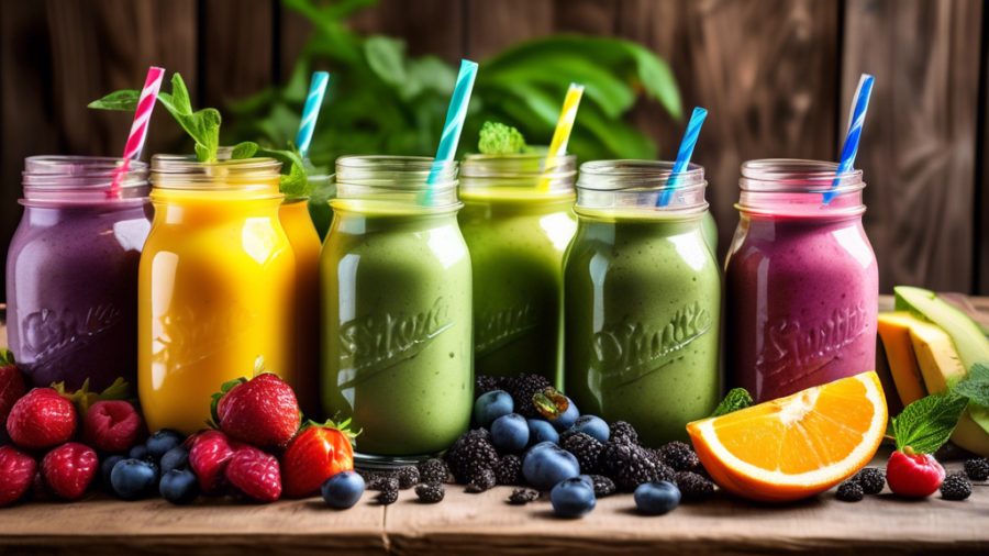 Create a vibrant image of a variety of smoothie recipes displayed on a rustic wooden table. Each smoothie should be in a different type of glass or mason jar, with colorful ingredients such as fresh f