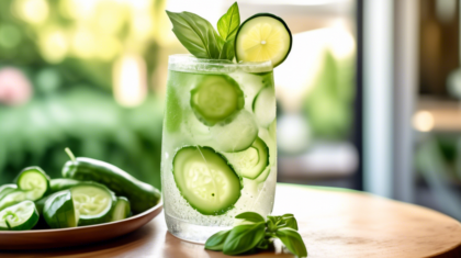 A refreshing scene featuring a sparkling cucumber basil lime spritzer in a tall, elegant glass. The drink has visible bubbles, thin slices of cucumber, fresh basil leaves, and wedges of lime floating