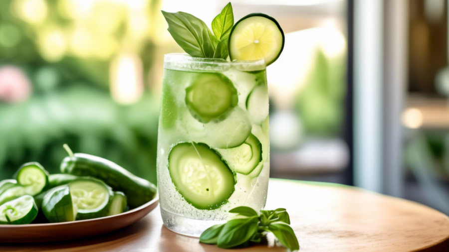 A refreshing scene featuring a sparkling cucumber basil lime spritzer in a tall, elegant glass. The drink has visible bubbles, thin slices of cucumber, fresh basil leaves, and wedges of lime floating