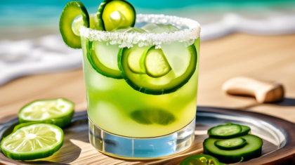 Create an image of a refreshing margarita cocktail in a classic glass, garnished with cucumber slices and jalapeño rings. The drink has a vibrant green color, with a salted rim and a hint of spice. Su