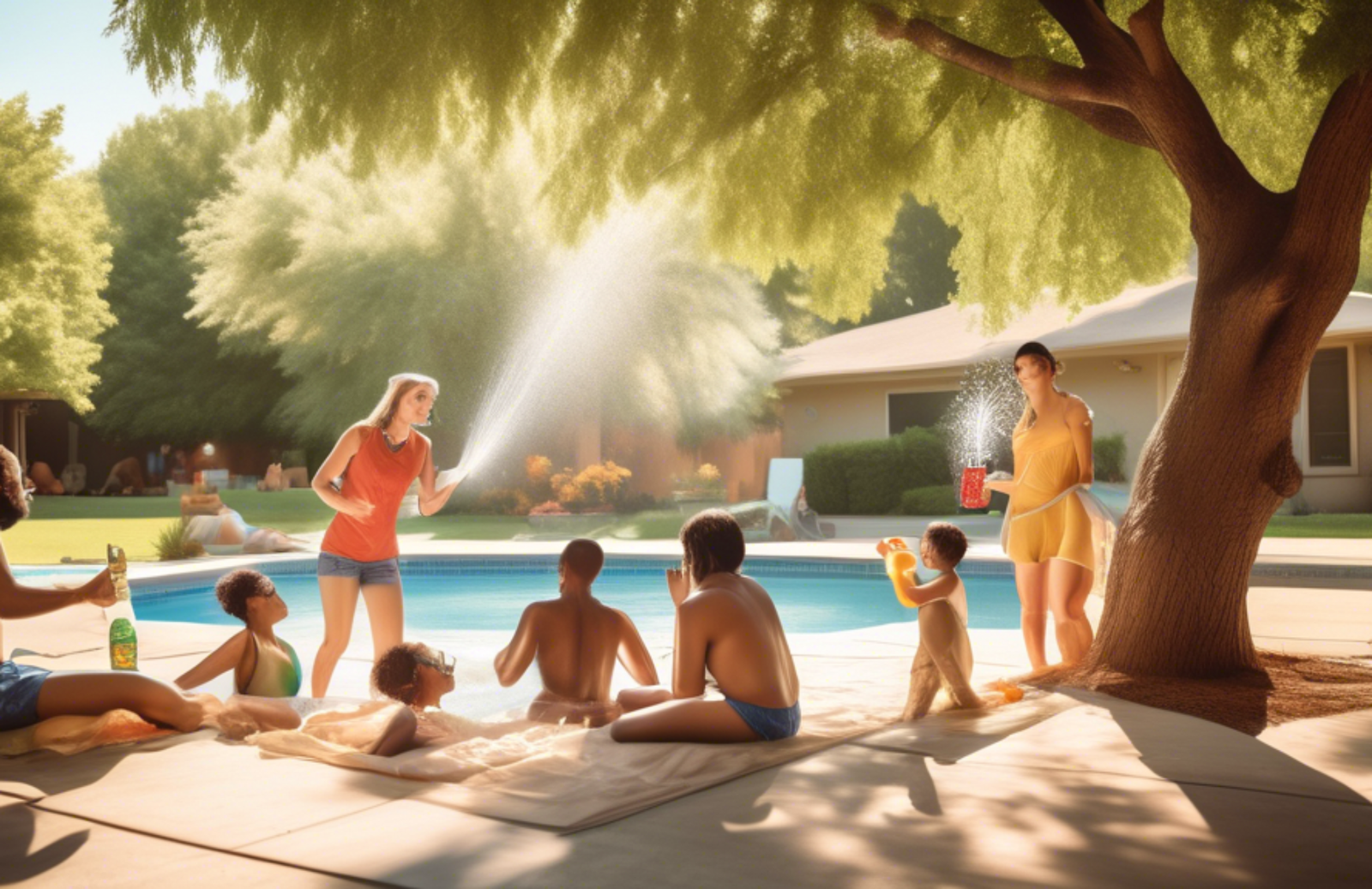 Create an image that depicts various methods of staying cool during a hot summer day. Show a diverse group of people engaging in activities such as swimming in a pool, relaxing under the shade of a large tree, enjoying ice-cold beverages, using fans and air conditioners indoors, wearing light and breathable clothing, and playing with a sprinkler in a backyard. Ensure the scene is bright, vibrant, and captures the essence of summer.