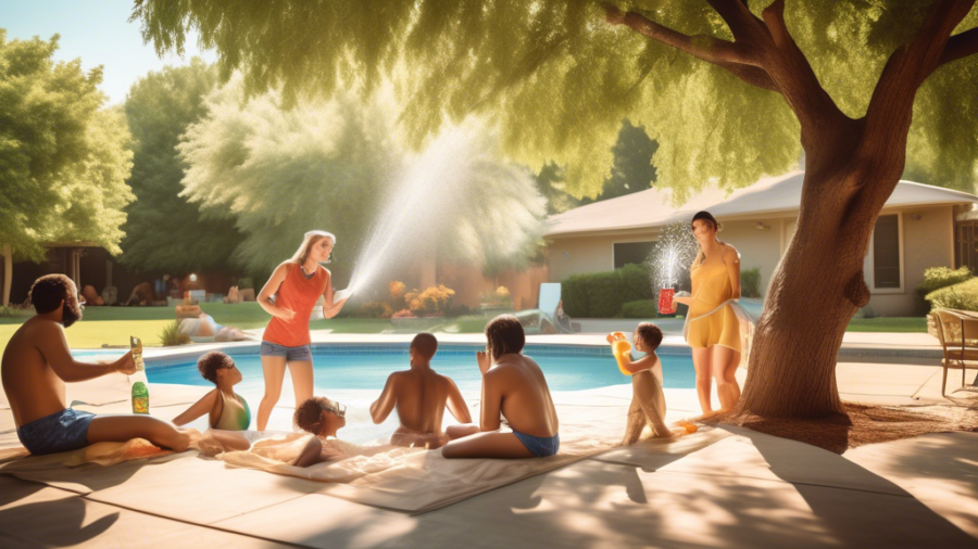 Create an image that depicts various methods of staying cool during a hot summer day. Show a diverse group of people engaging in activities such as swimming in a pool, relaxing under the shade of a large tree, enjoying ice-cold beverages, using fans and air conditioners indoors, wearing light and breathable clothing, and playing with a sprinkler in a backyard. Ensure the scene is bright, vibrant, and captures the essence of summer.