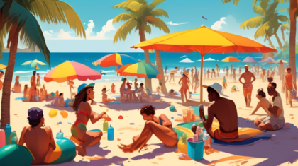 A vibrant summer scene at a sunny beach where people are practicing various methods to stay cool in the heat: some are sitting under colorful umbrellas and sipping on cold drinks, children are playing with water balloons, a group is having fun near a large fan, and others are seen applying sunscreen, wearing wide-brimmed hats and light clothing, and relaxing in a shaded cabana. The vibrant colors and joyful atmosphere highlight the creative and practical ways to beat the heat.