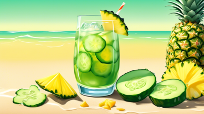 Create a vibrant and refreshing scene featuring a tropical drink of cucumber pineapple agua fresca. Showcase a tall glass filled with a cool, icy green and yellow beverage, garnished with fresh cucumb