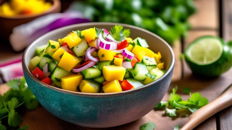 A bright, colorful bowl of cucumber and mango salsa sitting on a rustic wooden table, with finely chopped cucumbers, juicy mango cubes, red onions, bell peppers, and fresh cilantro leaves all mixed to