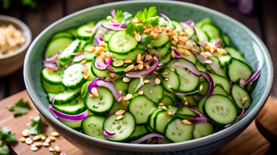 Create an enticing image of a bowl of vibrant, freshly made Zesty Asian Cucumber Salad. The salad should feature thinly sliced cucumber, red onion, sesame seeds, and a sprinkling of crushed red pepper