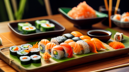 A beautifully arranged plate of homemade sushi rolls filled with fresh cucumber and carrot, surrounded by vibrant ingredients including sliced cucumbers, carrots, a bamboo mat, nori sheets, and a smal