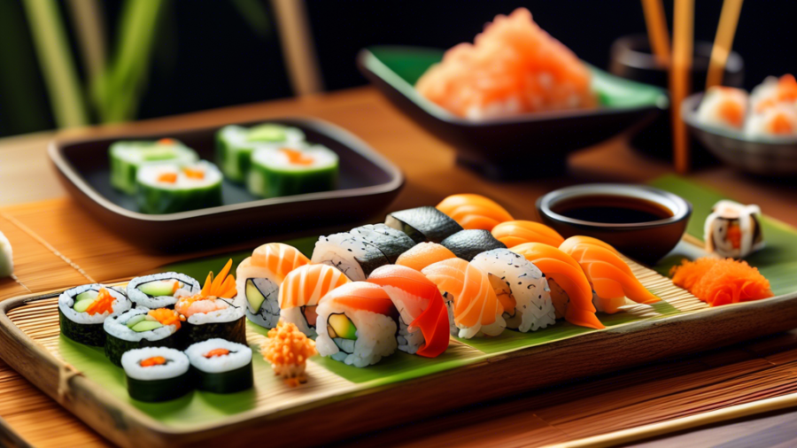 A beautifully arranged plate of homemade sushi rolls filled with fresh cucumber and carrot, surrounded by vibrant ingredients including sliced cucumbers, carrots, a bamboo mat, nori sheets, and a smal