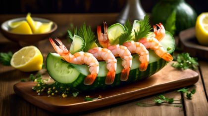 A vibrant and refreshing food scene featuring a beautifully arranged shrimp cocktail served inside a hollowed-out cucumber. The ensemble is placed on a rustic wooden table adorned with garnishes like